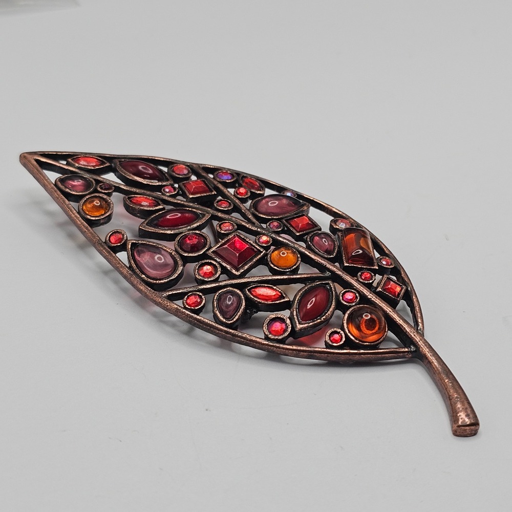 Vtg Leaf Brooch Pin Red Orange Copper Tone Rhinestone Autumn Fall Statement - Picture 8 of 15